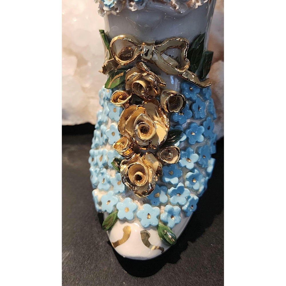 Vintage 1951 Porcelain Shoe Vase: Hand-Painted Forget-Me-Nots & Gold Trim